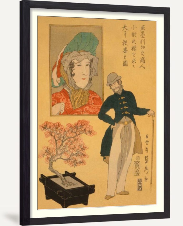 American merchant delighted with miniature cherry tree (Amerika no shonin shoju no sakura o motomete