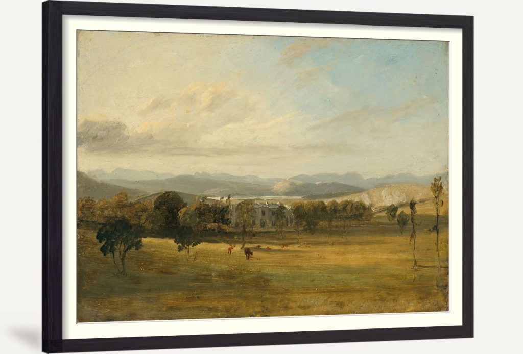 Sketch of Leighton Hall, Lancashire, the hills of the Lake District beyond